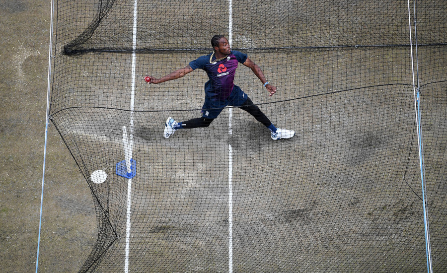Jofra Archer bowls during a net session at Old Trafford