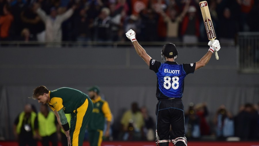 With five to get off two balls, a nerveless Grant Elliott smashed Dale Steyn for six to take New Zealand into the final With five to get off two balls, a nerveless Grant Elliott smashed Dale Steyn for six to take New Zealand into the final