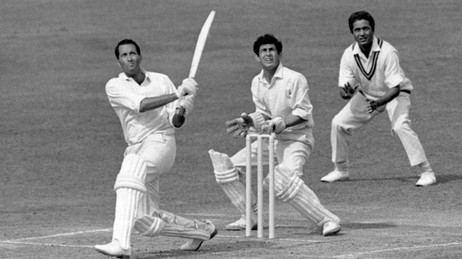 Basil D'Oliveira lofts the ball to the boundary, watched by Pakistan wicketkeeper Wasim Bar Basil D'Oliveira lofts the ball to the boundary, watched by Pakistan wicketkeeper Wasim Bar