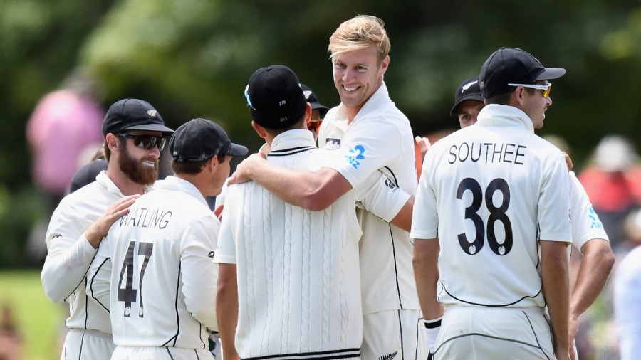 All smiles: Kyle Jamieson celebrates a wicket with his team-mates All smiles: Kyle Jamieson celebrates a wicket with his team-mates