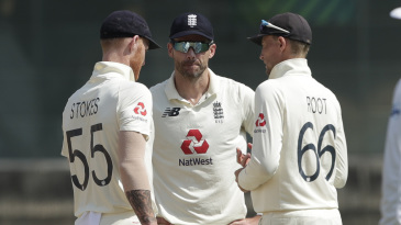 Ben Stokes, James Anderson and Joe Root - presumably - talk tactics