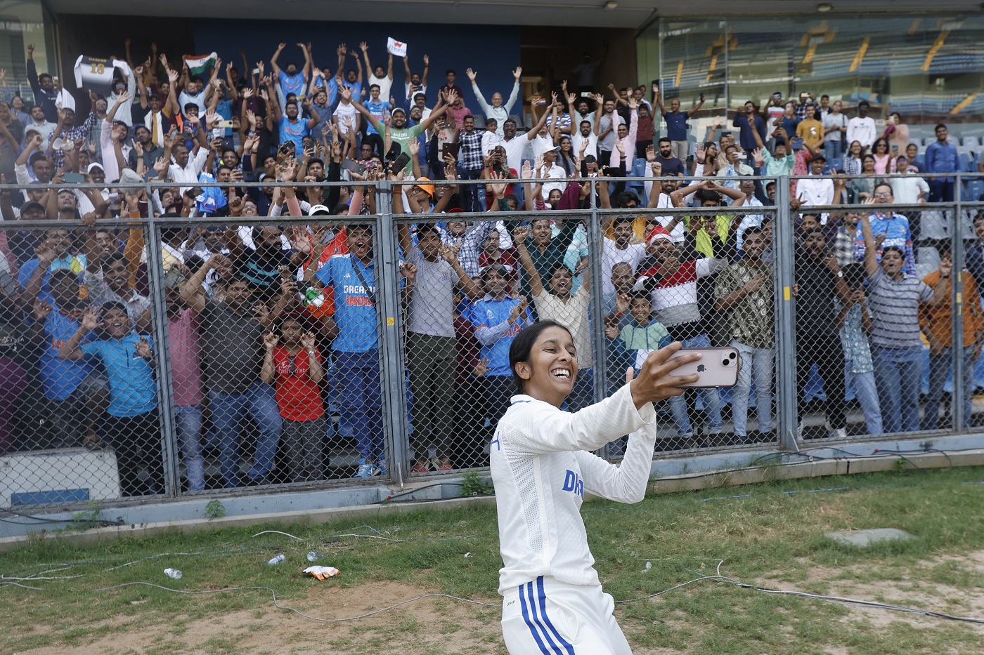 Hometown heroine: Rodrigues captures a moment during her debut Test, in Navi Mumbai, where she made a fifty in her first innings