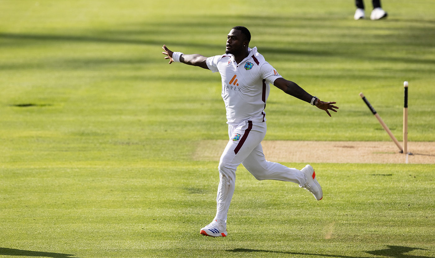 Jayden Seales celebrates after yorking Zak Crawley