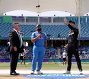 David Boon looks on as Mitchell Santner flips the coin; Rohit Sharma called wrong and was asked to bat, India vs New Zealand, Champions Trophy, Dubai, March 2, 2025