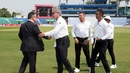 Match officials Richard Illingworth, Richard Kettleborough and Kumar Dharmasena greet David Boon, Bangladesh vs Zimbabwe, 2nd Test, Chattogram, 1st day, April 28, 2025
