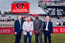Daniel Gidney, Clive Lloyd, Farokh Engineer and Andy Anson pose in front of the renamed stand, England vs India, 4th Test, Manchester, 1st day, July 23, 2025