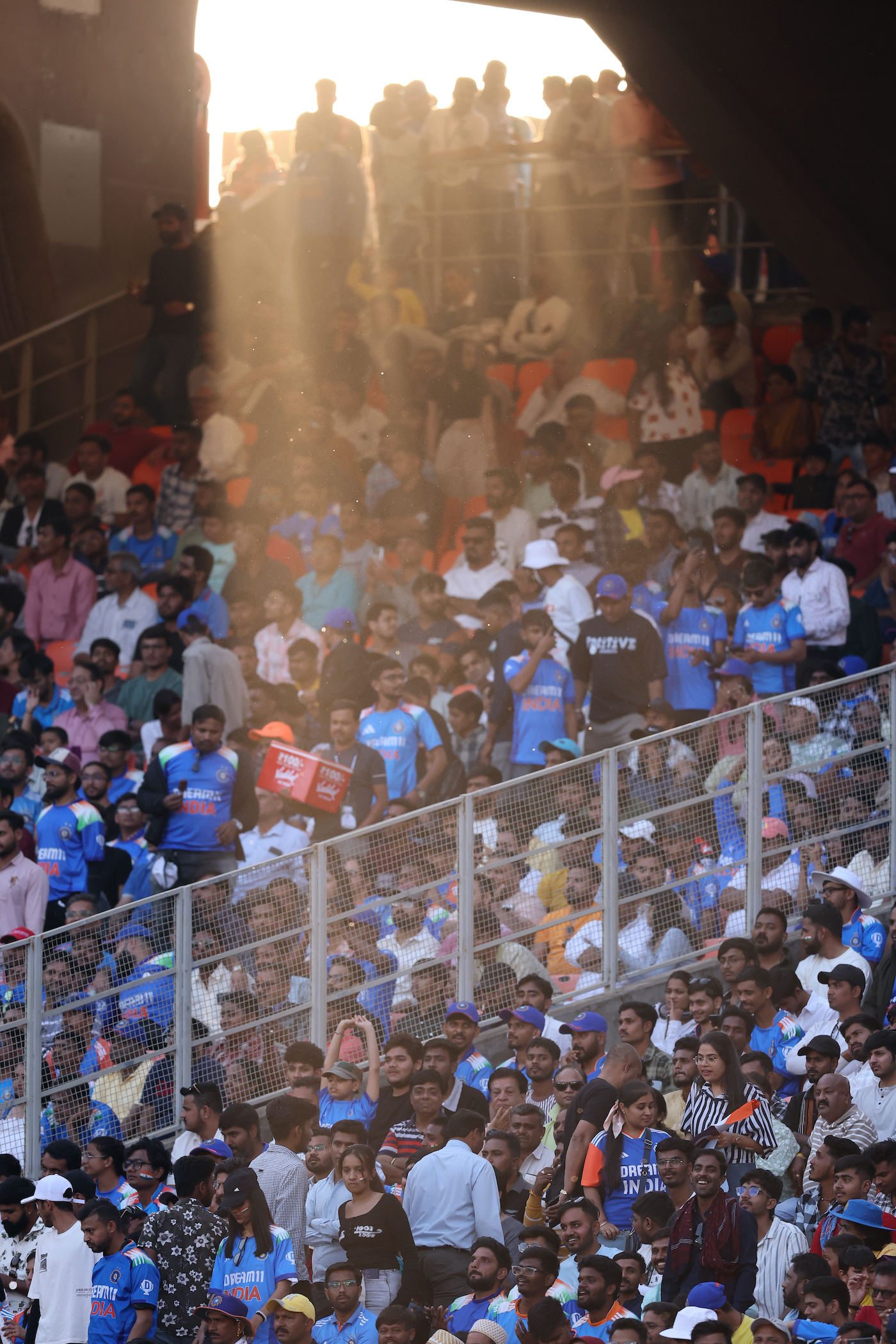 Ray ban: the sun struggles to break through the stands at Narendra Modi Stadium in Ahmedabad