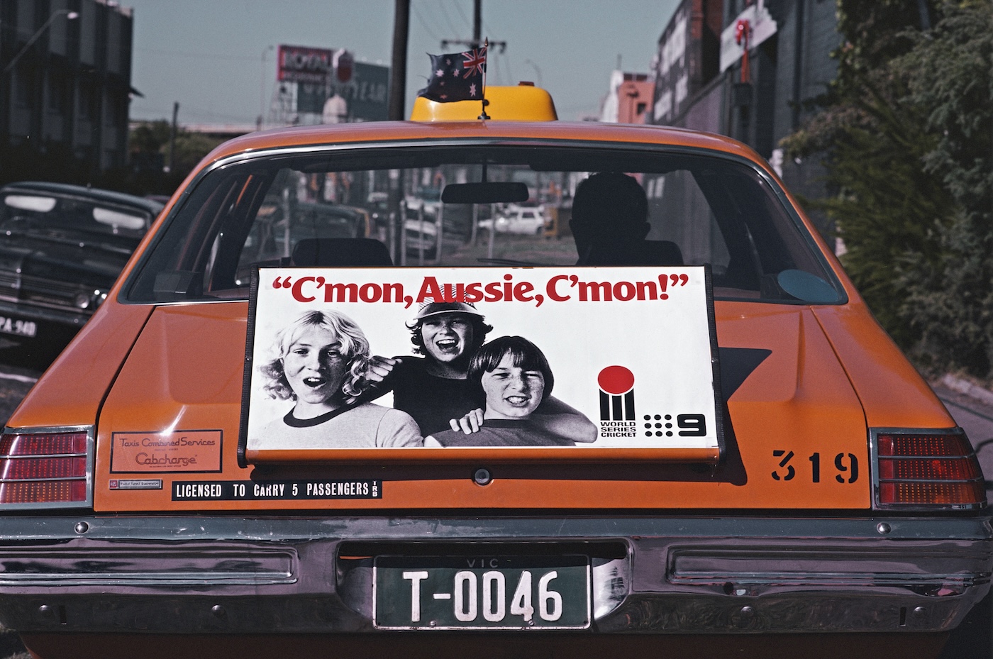 A Melbourne taxi sports an ad for World Series Cricket, ahead of the Supertests final in 1979. Packer's tournament caught on with Australian cricket fans at large that season