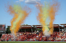 Fireworks and flags in the Eric Hollies Stand, Birmingham Phoenix vs Trent Rockets, Edgbaston, The Hundred Men's Competition, August 8, 2025 Fireworks and flags in the Eric Hollies Stand, Birmingham Phoenix vs Trent Rockets, Edgbaston, The Hundred Men's Competition, August 8, 2025