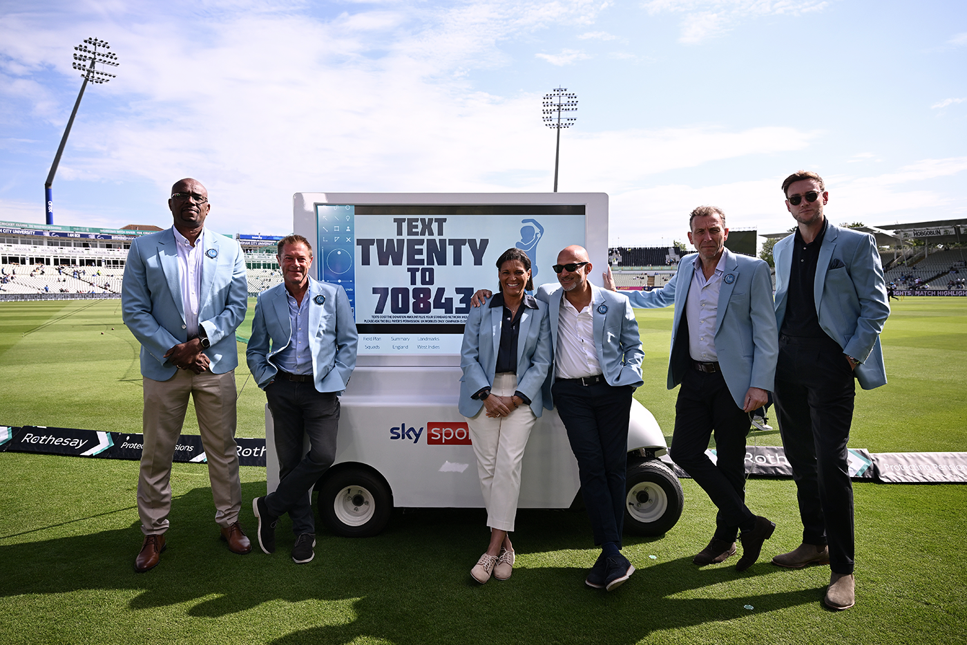 Bishop with Sky colleagues (from left) Ian Ward, Mel Jones, Mark Butcher, Mike Atherton and Stuart Broad during an England-West Indies Test at Edgbaston in 2024