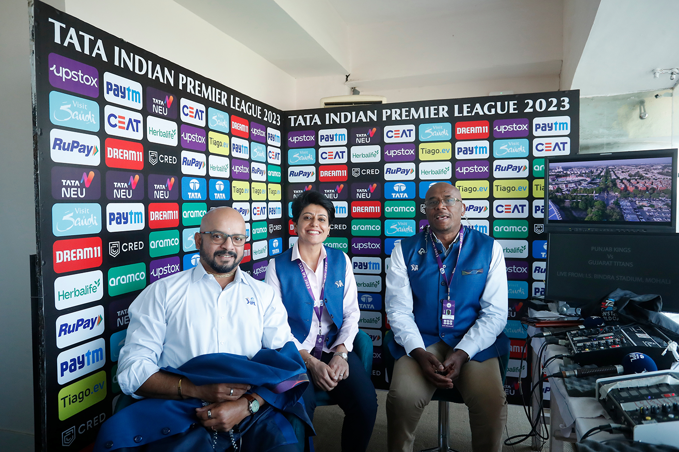 Bishop at the 2023 IPL with Murali Kartik (left) and Anjum Chopra