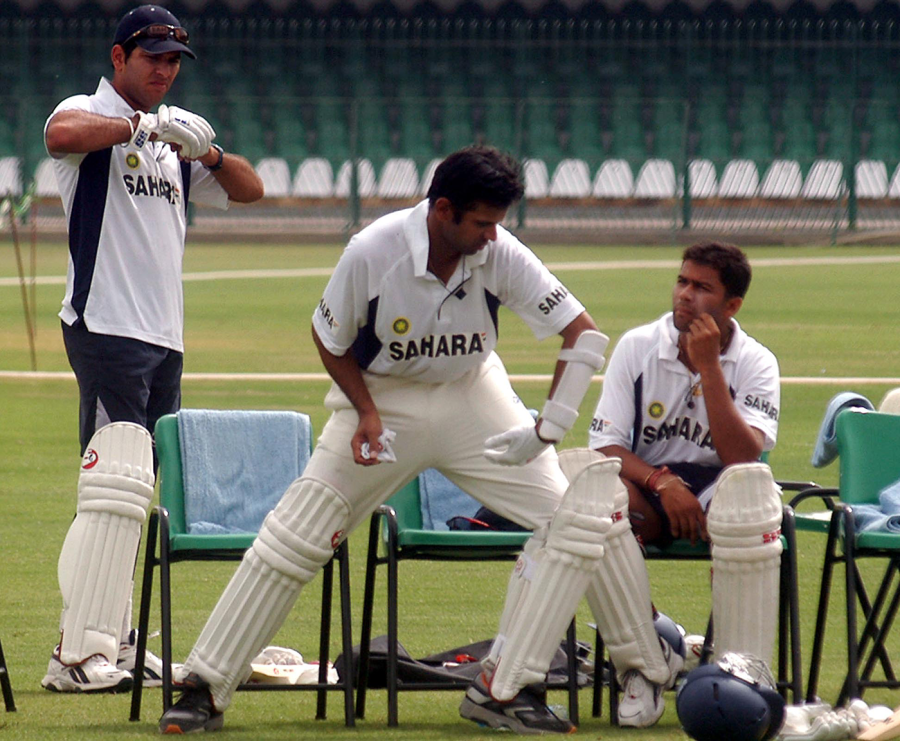 Chopra (sitting) with Rahul Dravid (centre) and Yuvraj Singh on India's 2003-04 tour of Pakistan