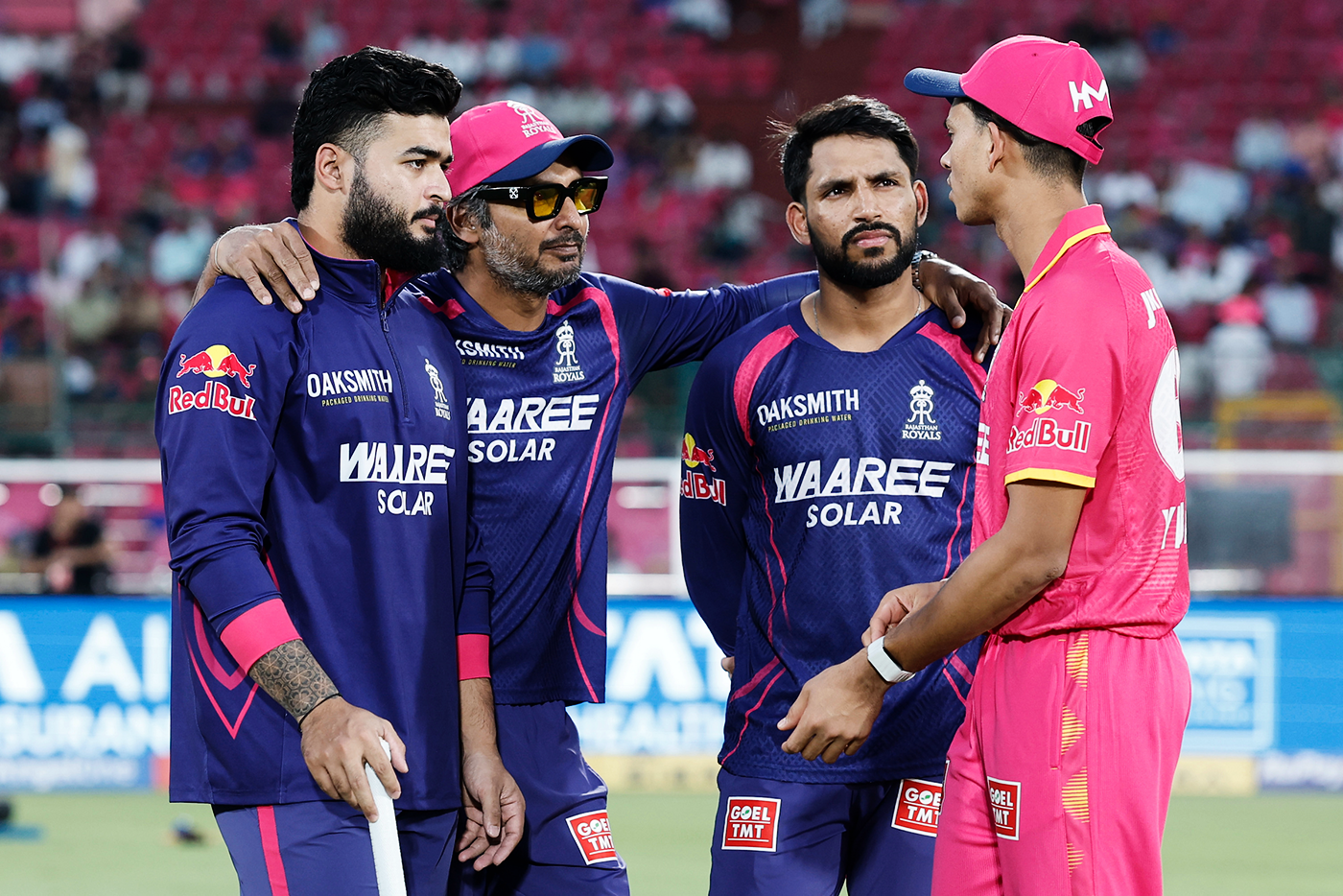 The brains trust: Parag, coach Kumar Sangakkara, Dhruv Jurel and Yashasvi Jasiwal are part of the decision-making group at Rajasthan Royals