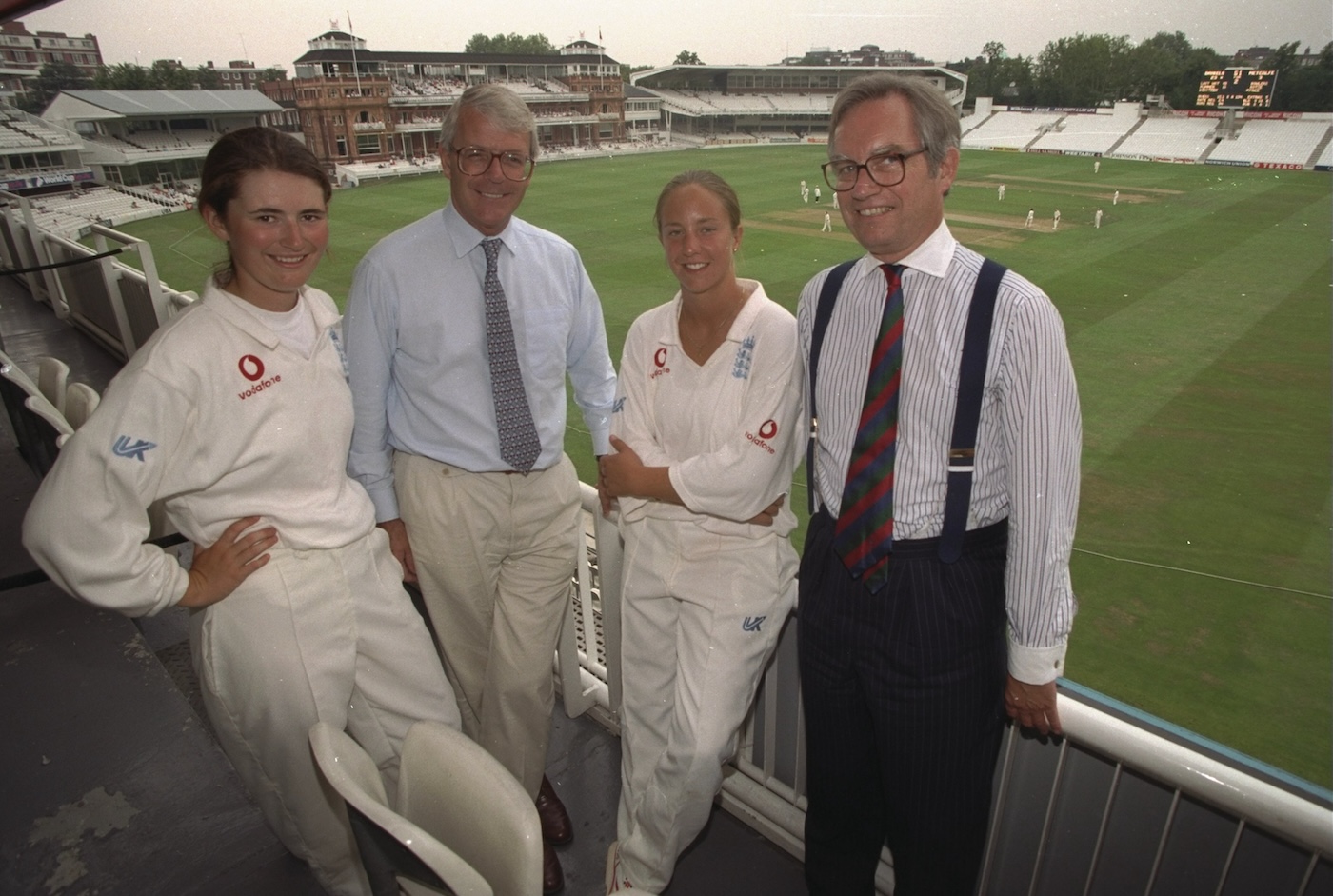 Edwards with Clare Connor, former prime minister John Major, and a Vodafone representative during the 1997 home series against South Africa