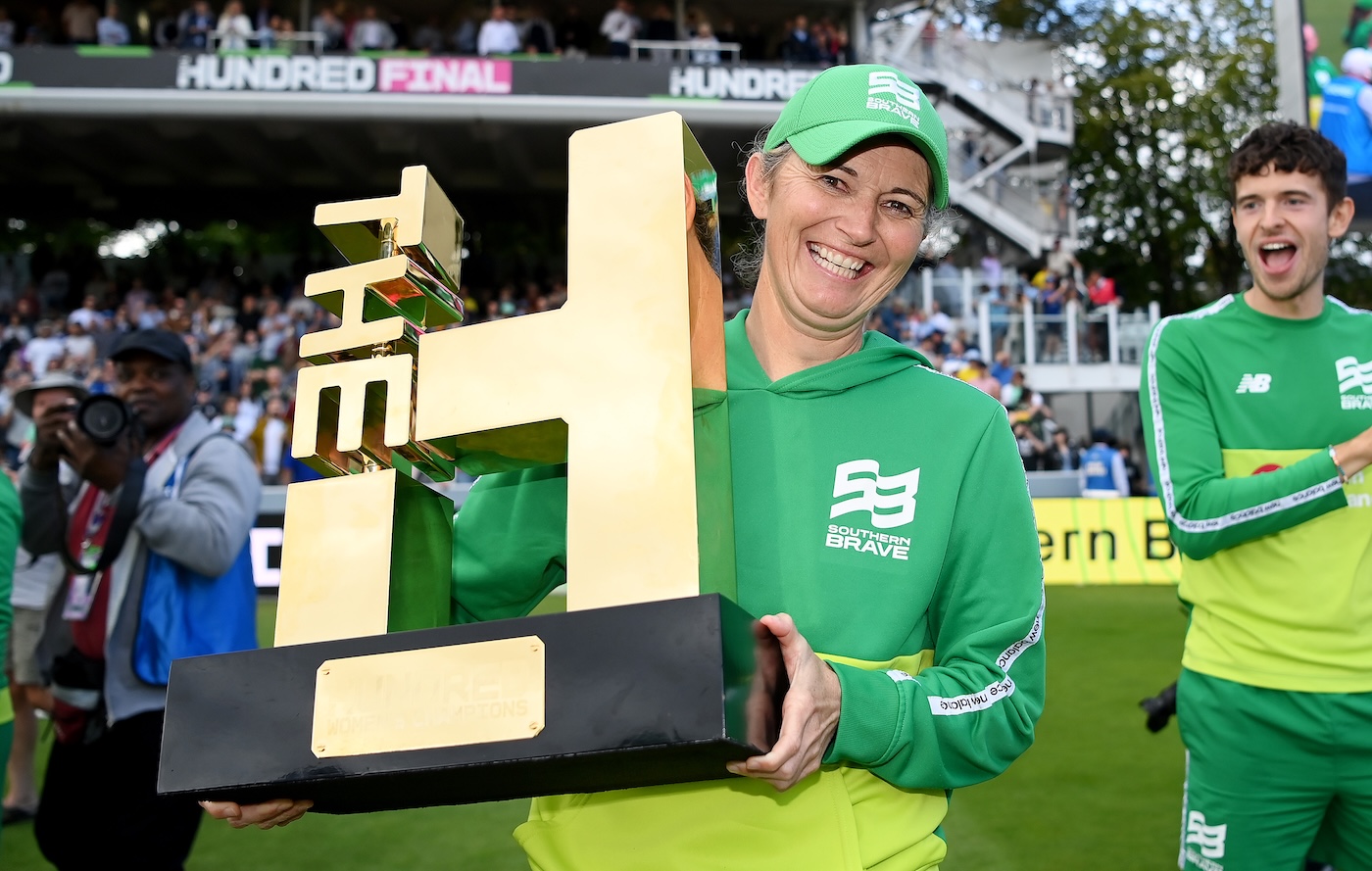Gold standard: Edwards holds aloft the Hundred trophy in 2023 after her team Southern Brave's first title win
