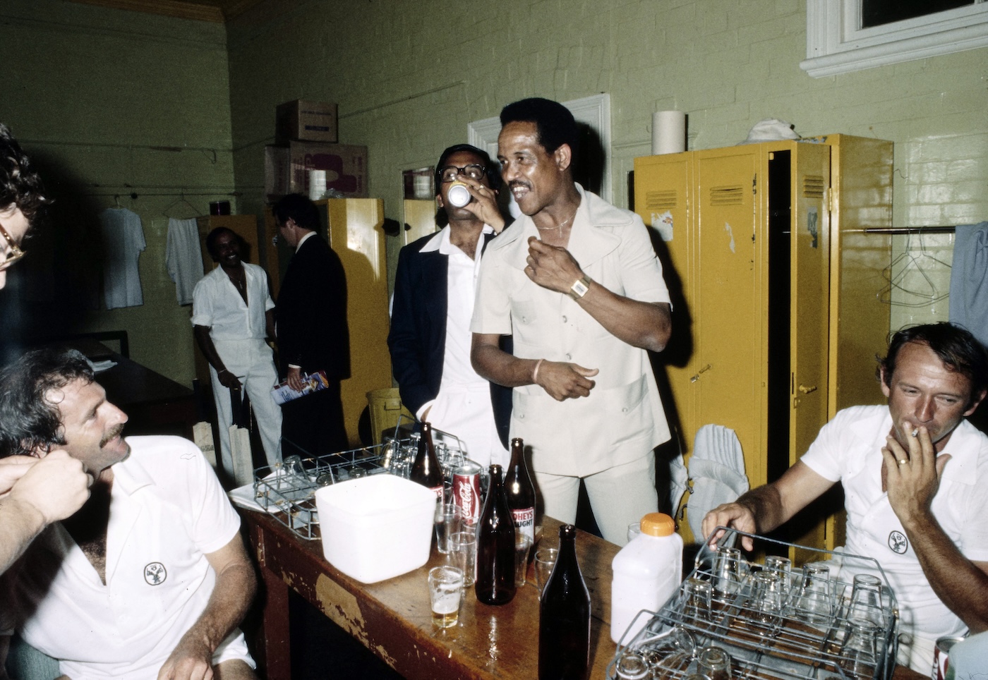 Sobers in an Australian dressing room with the antagonists of his day: Dennis Lillee, bottom left, and Doug Walters, first from right