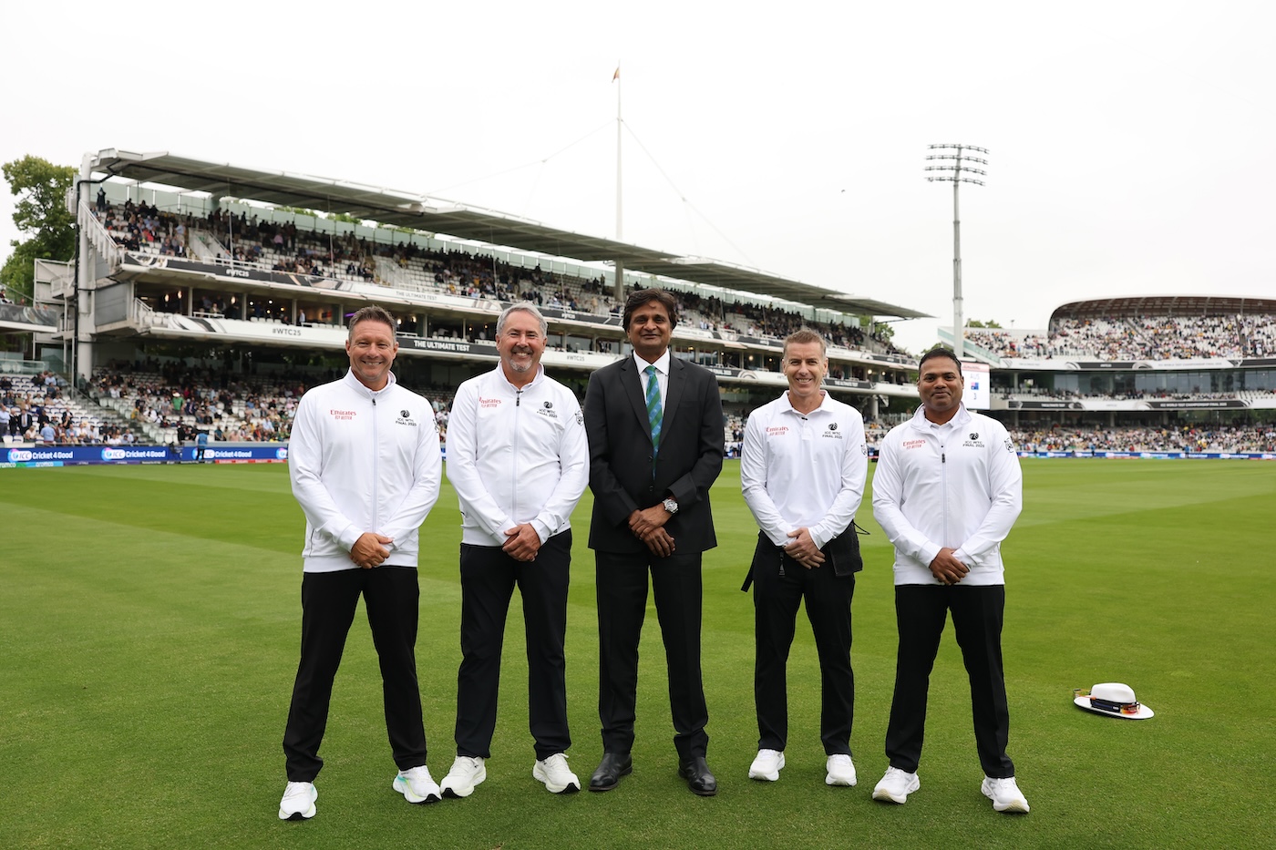 Menon (far right), the fourth umpire in the 2025 World Test Championship final, lines up with his colleagues before the start of play on day one