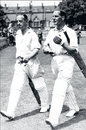 Percy Holmes and Herbert Sutcliffe return to the pavilion after their 555 first-wicket stand.  Holmes made 224 and Sutcliffe 313, Essex v Yorkshire, Leyton, June 16, 1932