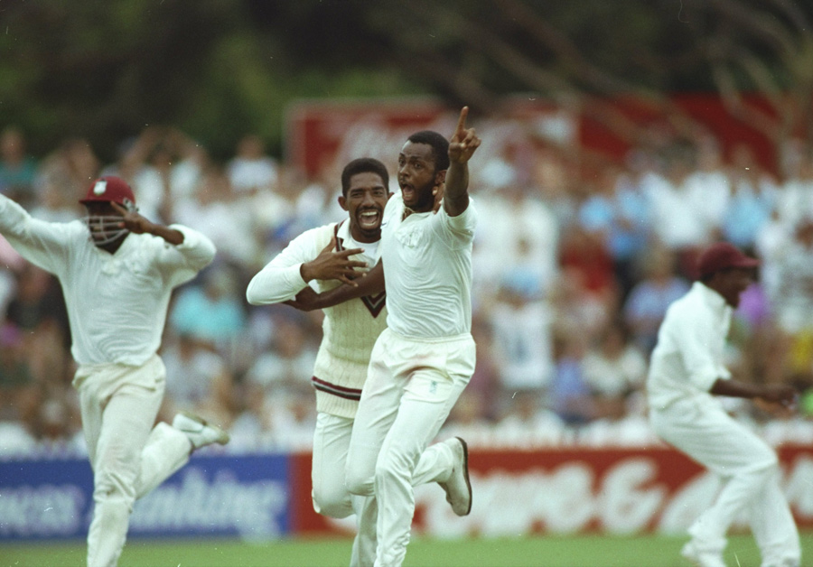 Courtney Walsh celebrates Craig McDermott's wicket